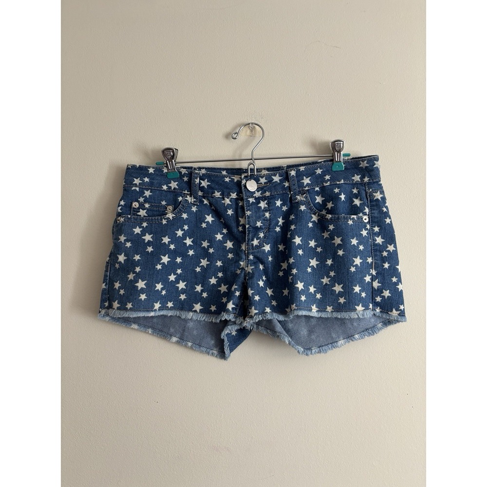 No Boundaries Low Rise Mini Shorts Size 9 Stretch Stars Blue White Denim Cotton